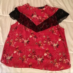 Lace-trimmed floral blouse